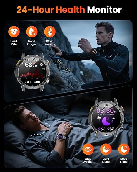 Military Smart Watches for Men 1000 mAh Battery, Led Flashlight, Answer/Make Calls Sport Modes Fitness Watch for Android/iPhone
