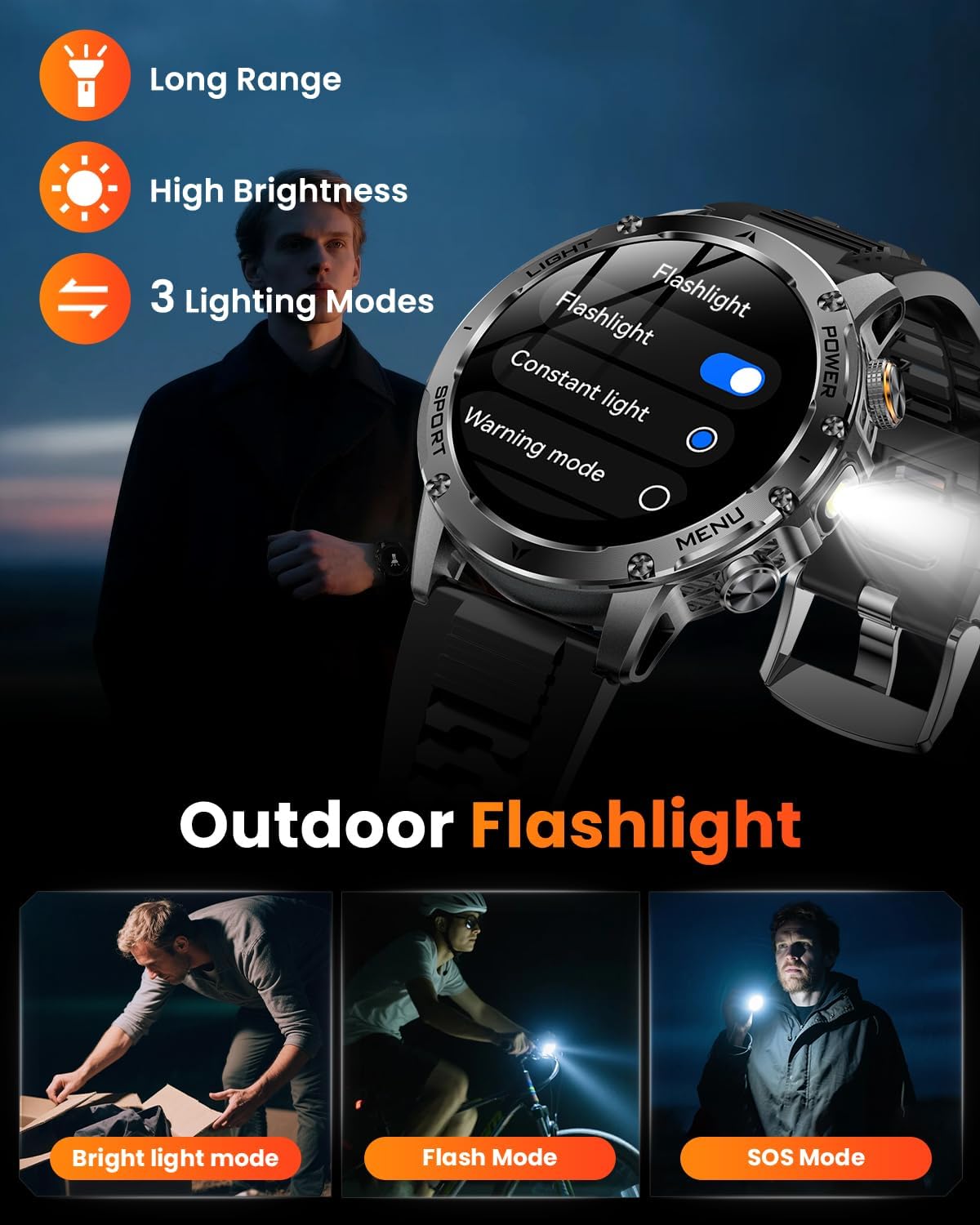 Military Smart Watches for Men 1000 mAh Battery, Led Flashlight, Answer/Make Calls Sport Modes Fitness Watch for Android/iPhone